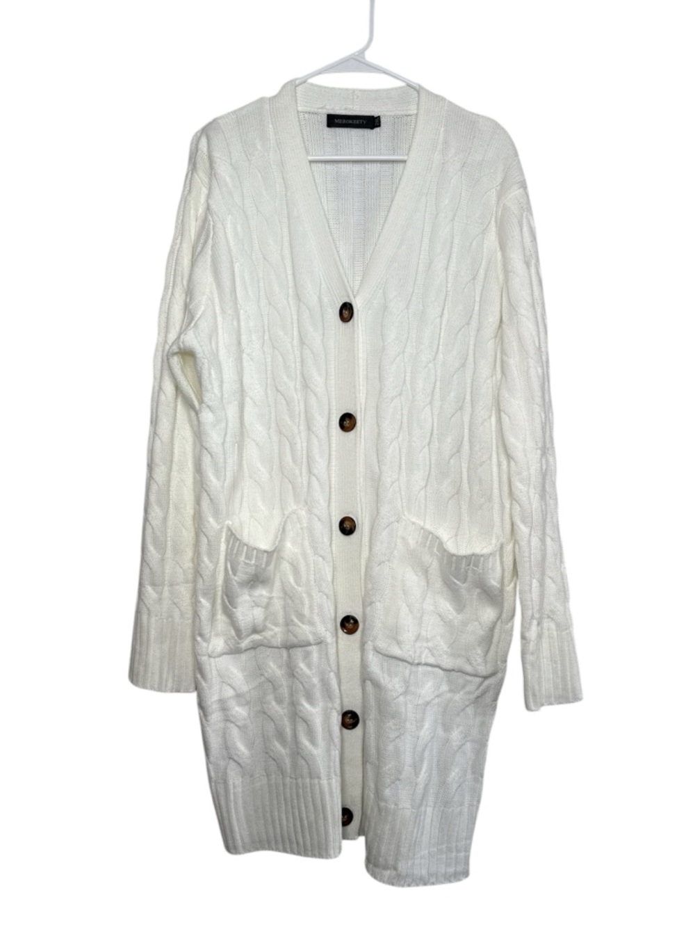 Merokeety Women's White Cable-Knit Cardigan Sweater Size 2XL